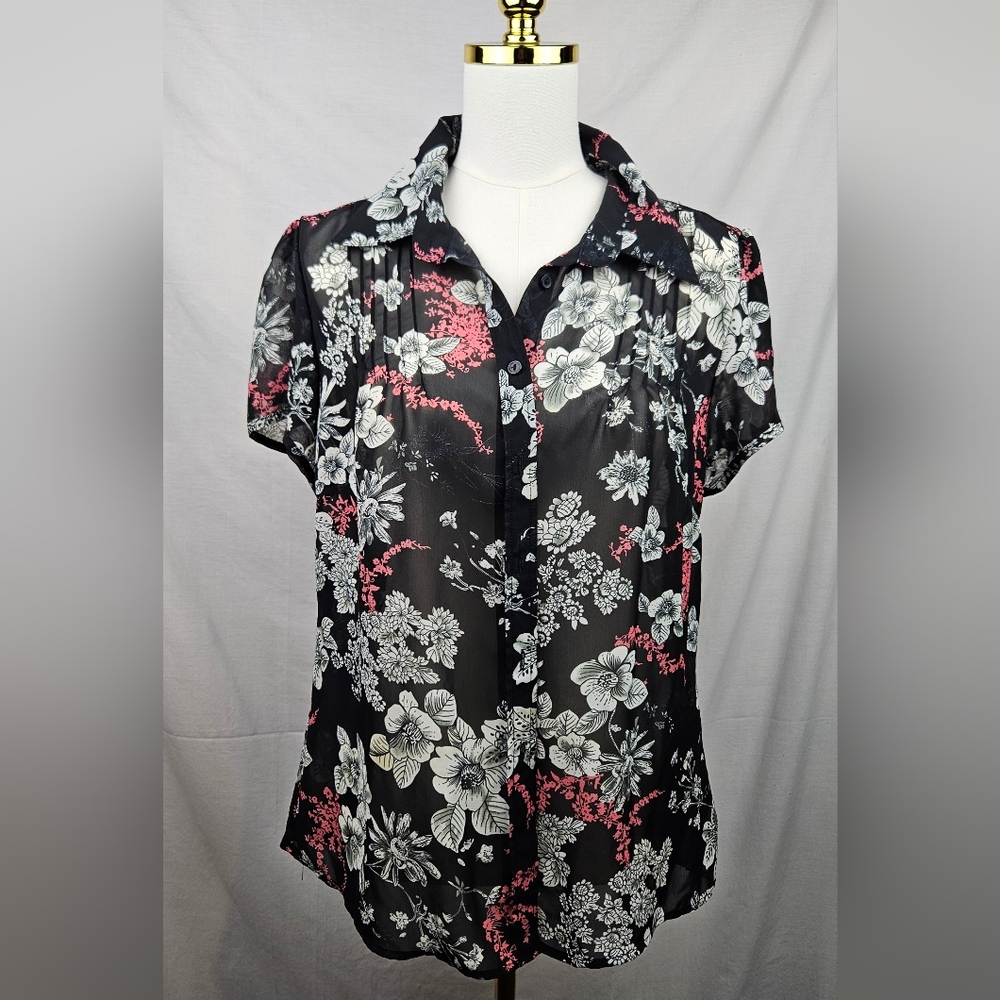 Covington Womens‎ Black Floral Sheer Shirt Sz 12 Layering Coquette Feminine